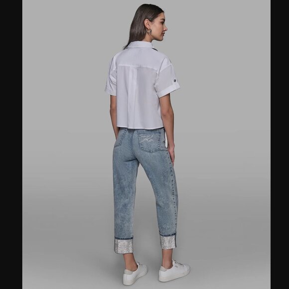 KARL LAGERFELD PARIS Limited Edition Poplin Short Sleeve Button Top Shirt Crop - Picture 2 of 6